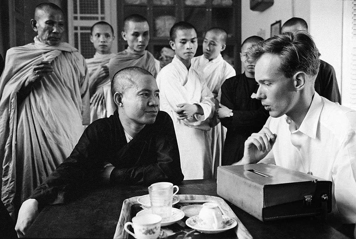 Browne interviews Buddhist monk Quang Lien, leading spokesman for the Xa Loi Buddhist pagoda, Saigon, 1963