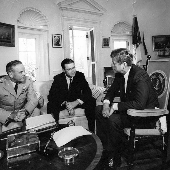 Gen. Maxwell Taylor, Sec. Robert McNamara, President John F. Kennedy
