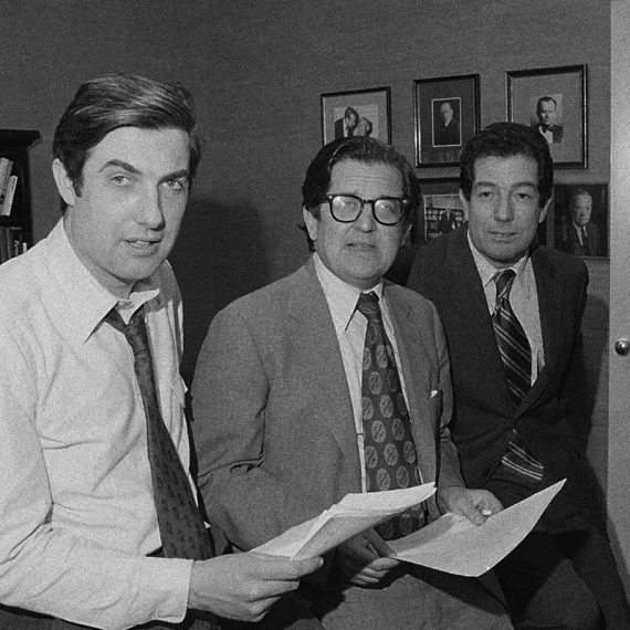Sheehan, New York Times managing editor A.M. Rosenthal, and foreign editor James L. Greenfield upon learning the Tines won the 1972 Pulitzer Prize for Public Service for publication of the Pentagon Papers.